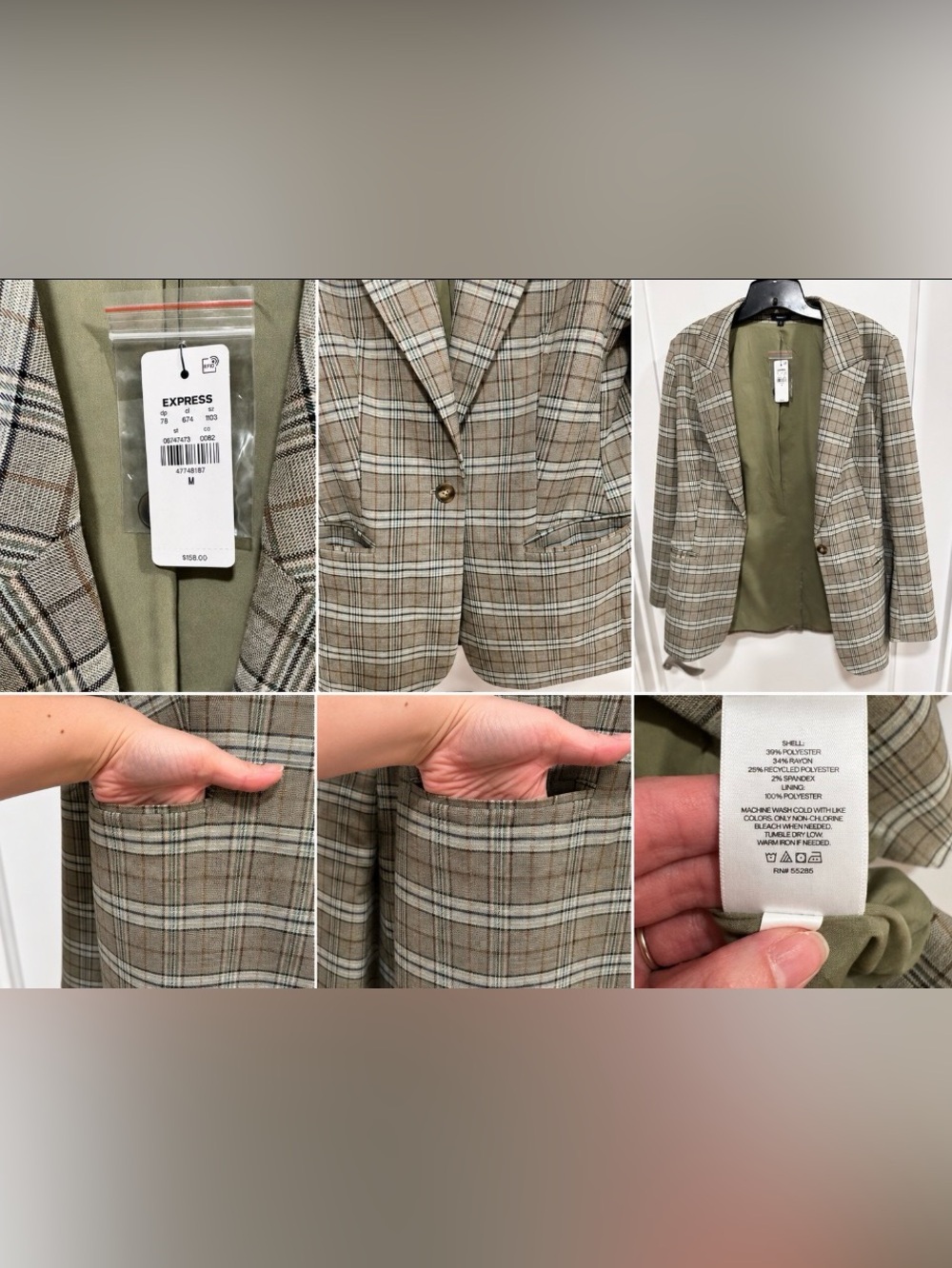 Express Plaid Boyfriend Blazer Jacket Size Medium NWT Neutral Tan Olive - Picture 7 of 8